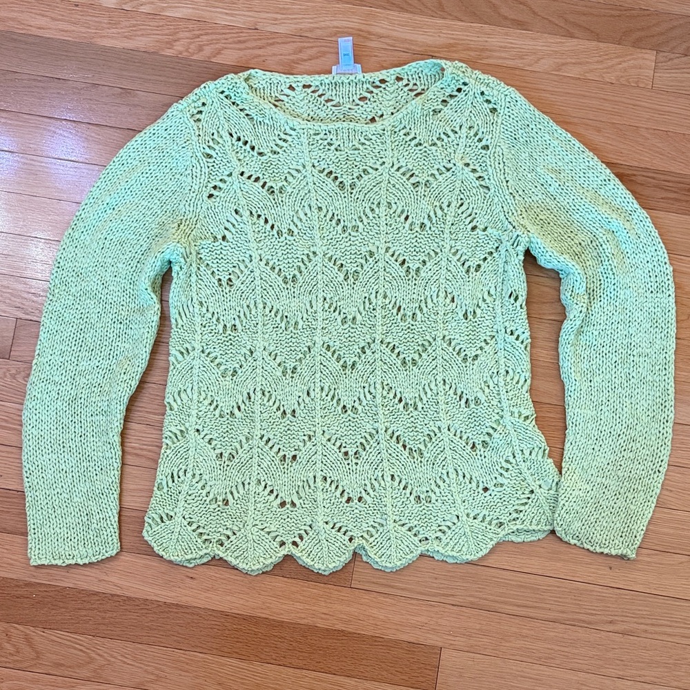Chico’s Size 3 Light Green Open Knit Sweater Scallop Hem Boho Lightweight NWOT